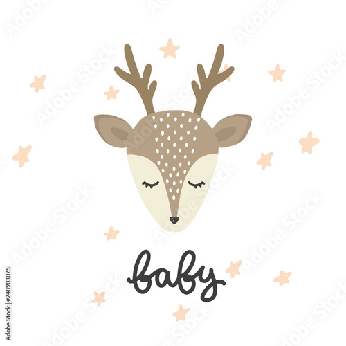 Cute vector illustration with deer baby for baby wear and invitation card.