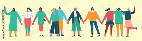 Colorful vector illustration concept of Happy women or girls standing together and holding hands. Group of female friends, union of feminists, sisterhood in flat design