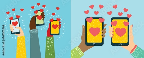 Valentine Day Gift Card Holiday Love Hands Hold Cell Smart Phone with heart messages. Social Network Communication Flat Vector Illustration 