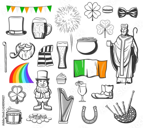 St Patrick, leprechaun, gold pot, clover and hat