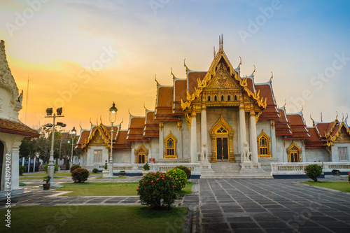 Beautiful landscape and architectural of Wat Benchamabophit Dusitvanaram, also known as the marble temple, it is one of Bangkok's most beautiful temples and a major tourist attraction. © kampwit
