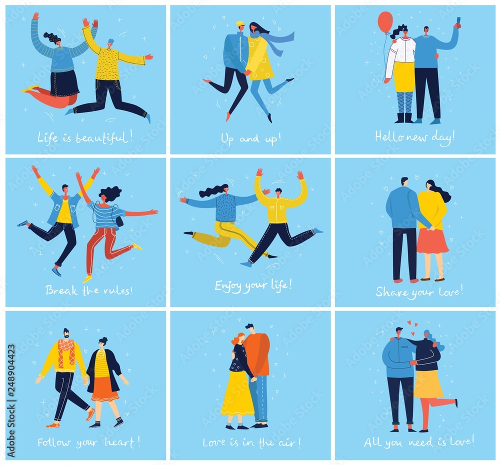 Concept of group of young people jumping on blue background, hugging coule in love. Stylish modern vector illustration cards with happy male and female teenagers and hand drawing motivative quotes