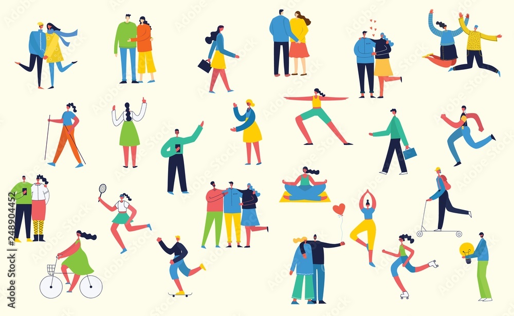 Vector illustration in a flat style of different activities people jumping, dancing, walking, couple in love, doing sport in flat style 