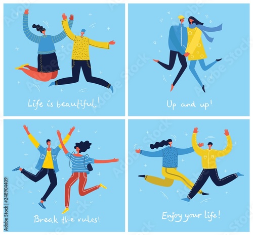 Concept of group of young people jumping on blue background. Stylish modern vector illustration cards with happy male and female teenagers and hand drawing quote Enjoy your life