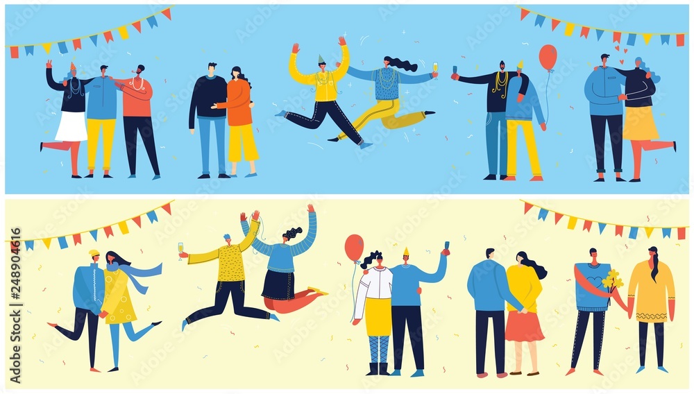 Vector cartoon illustration of Happy group of people celebrating, jumping on the party. The concept of friendship, healthy lifestyle, success, celebrating, party. Female and Male flat characters Vector cartoon illustration of Happy group of people celebrating, jumping on the party. The concept of friendship, healthy lifestyle, success, celebrating, party. Female and Male flat characters