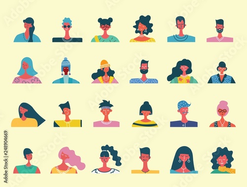 Vector flat people portraits. Smiling human icon. Human avatar. Simple cute characters. Cute friendly people. Man, boy icon. Woman, lady, young girl icon isolated on light background