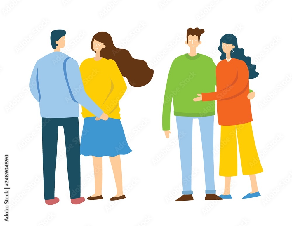 Happy cartoon couples in love.Happy lovers on date.Vector illustration isolated on white background Happy cartoon couples in love.Happy lovers on date.Vector illustration isolated on white background