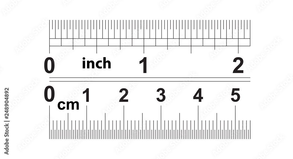 Ruler 2 inshes. Ruler 5 centimeters. Value of division - 32 divisions by  inch and 0.5 mm. Precise length measurement device. Calibration grid. Stock  Vector