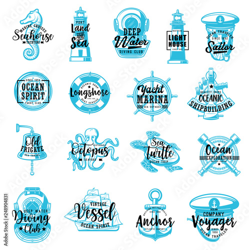 Nautical marine heraldic icons, lettering