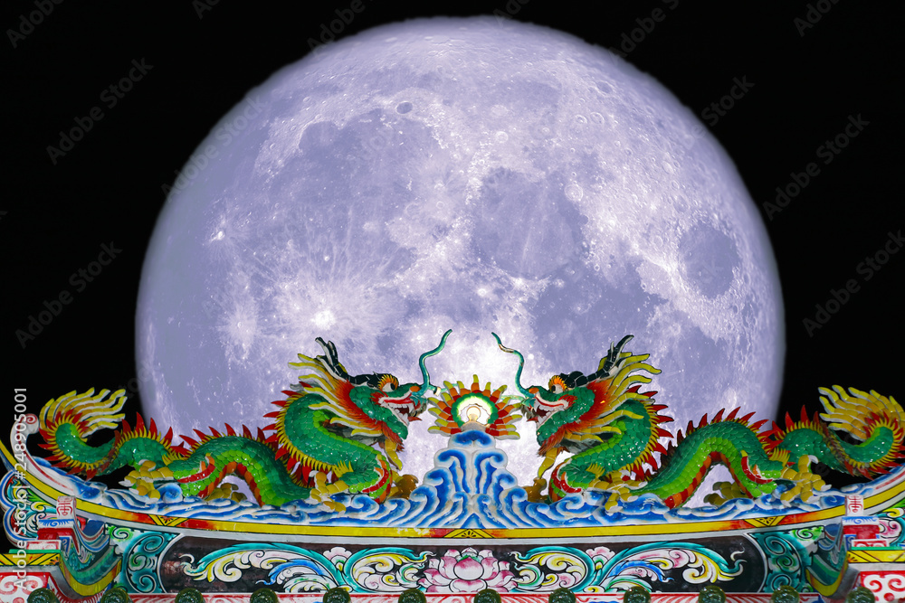 Naklejka premium super snow moon back top gate roof of dragon night sky