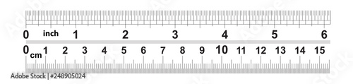 Ruler 6 inshes. Ruler 15 centimeters. Value of division - 32 divisions by inch and 0.5 mm. Precise length measurement device. Calibration grid.