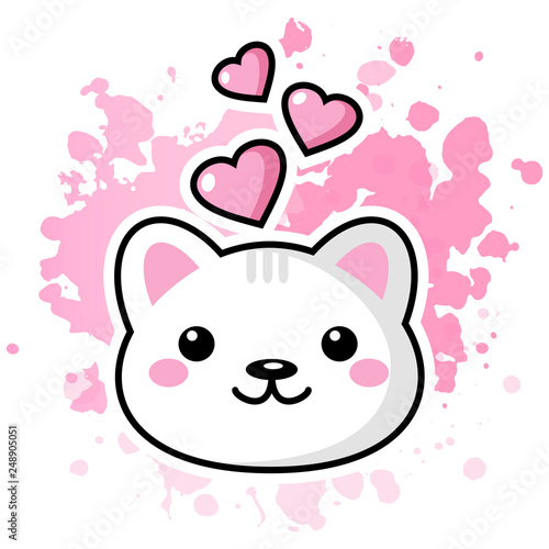 Cute kawaii cat cartoon character with heart. Beautiful Kawaii vector illustration for greeting card/poster/sticker.