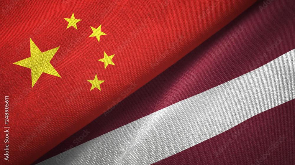 China and Latvia two flags textile cloth, fabric texture China and Latvia two flags textile cloth, fabric texture