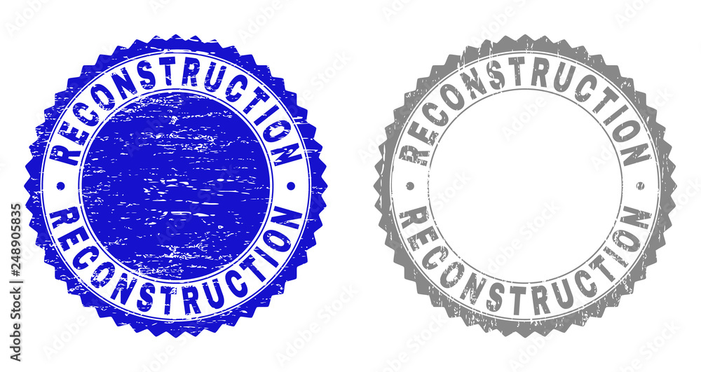 Grunge RECONSTRUCTION stamp seals isolated on a white background. Rosette seals with grunge texture in blue and grey colors. Vector rubber overlay of RECONSTRUCTION title inside round rosette.