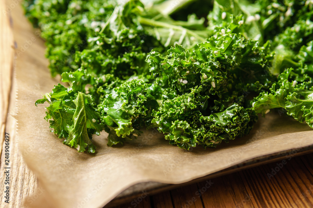 Close-up of raw kale with oli and sesame Close-up of raw kale with oli and sesame
