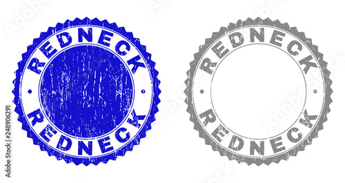 Grunge REDNECK stamp seals isolated on a white background. Rosette seals with grunge texture in blue and gray colors. Vector rubber stamp imitation of REDNECK caption inside round rosette.