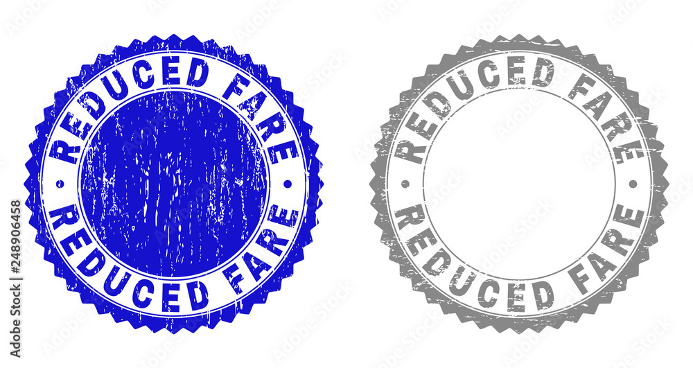 Grunge REDUCED FARE stamp seals isolated on a white background. Rosette seals with grunge texture in blue and grey colors. Vector rubber watermark of REDUCED FARE title inside round rosette.