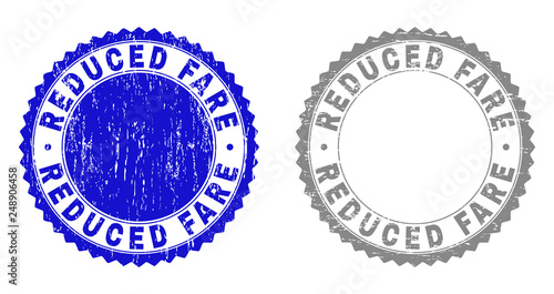 Grunge REDUCED FARE stamp seals isolated on a white background. Rosette seals with grunge texture in blue and grey colors. Vector rubber watermark of REDUCED FARE title inside round rosette.