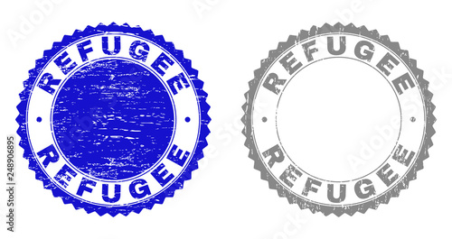 Grunge REFUGEE stamp seals isolated on a white background. Rosette seals with grunge texture in blue and grey colors. Vector rubber stamp imprint of REFUGEE caption inside round rosette.