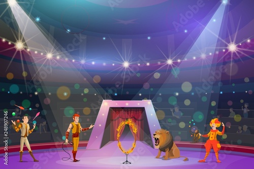Juggler, clown, handler and lion on circus show