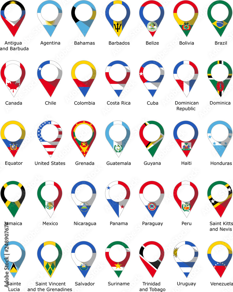 Flags in the form of a pin from the countries of America with their names written below