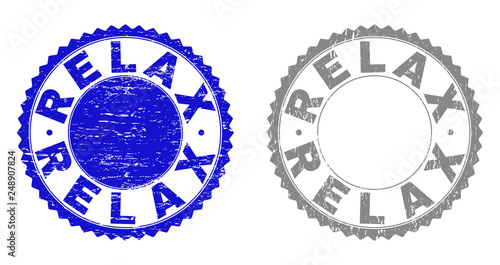 Grunge RELAX stamp seals isolated on a white background. Rosette seals with grunge texture in blue and gray colors. Vector rubber stamp imitation of RELAX label inside round rosette.