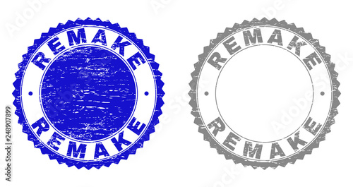 Grunge REMAKE stamp seals isolated on a white background. Rosette seals with grunge texture in blue and gray colors. Vector rubber stamp imprint of REMAKE text inside round rosette.