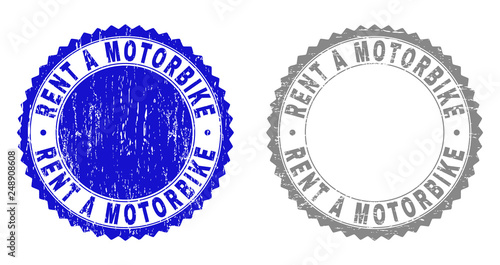 Grunge RENT A MOTORBIKE stamp seals isolated on a white background. Rosette seals with distress texture in blue and gray colors.