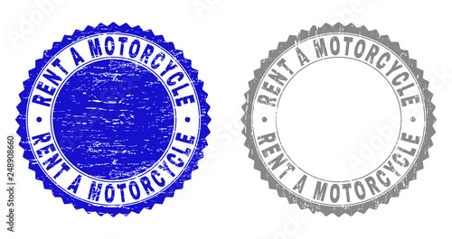 Grunge RENT A MOTORCYCLE stamp seals isolated on a white background. Rosette seals with grunge texture in blue and gray colors.