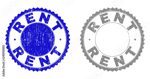 Grunge RENT stamp seals isolated on a white background. Rosette seals with grunge texture in blue and gray colors. Vector rubber stamp imitation of RENT title inside round rosette.