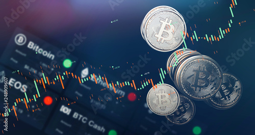 Bitcoin coins and trading chart scene (3D Illustration) photo