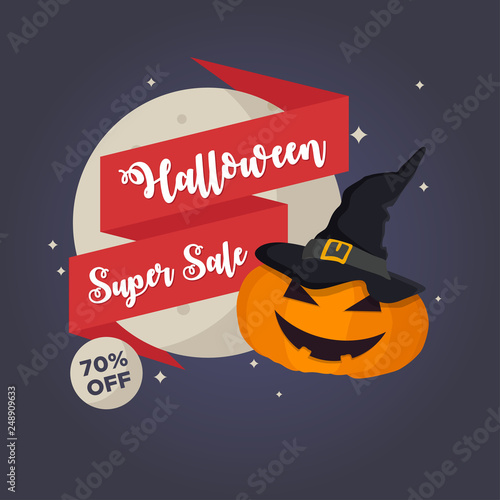 Halloween sale offer with pumpkin head and moon in the night sky