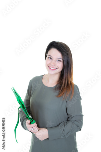 Young pretty businesswoman holding folder isolated on white background