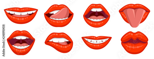 Beautiful set of women's sexy lips. Lipstick kiss. Sexy woman's lips expressing different emotions, such as smile, kiss, half-open mouth, biting lip, lip licking, tongue out. Isolated on white.
