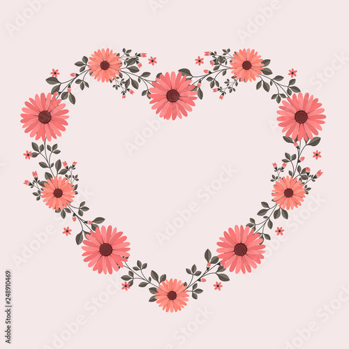 Floral greeting card and invitation template for wedding or birthday anniversary, Vector heart shape of text box label and frame, Pink flowers wreath ivy style with branch and leaves.