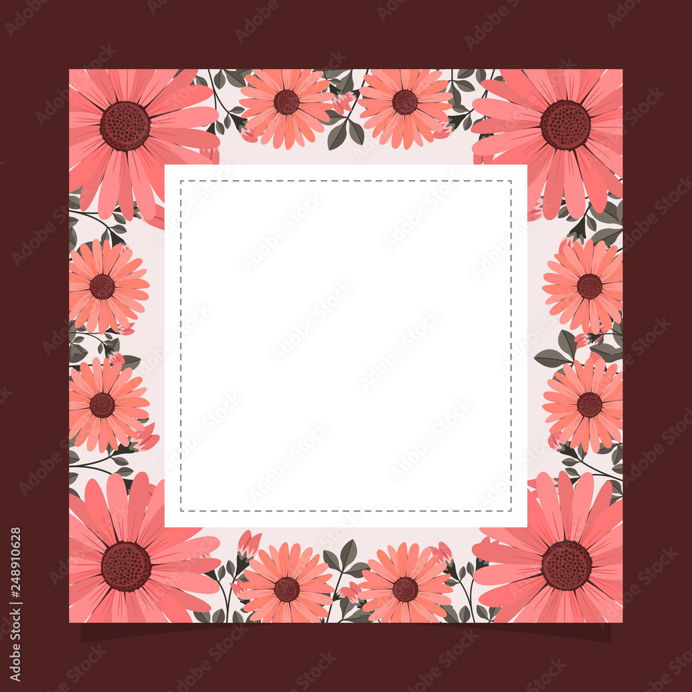 Obraz premium Floral greeting card and invitation template for wedding or birthday anniversary, Vector square shape of text box label and frame, Pink flowers wreath ivy style with branch and leaves.