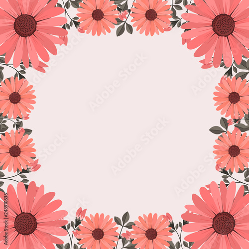 Floral greeting card and invitation template for wedding or birthday anniversary, Vector square shape of text box label and frame, Pink flowers wreath ivy style with branch and leaves.