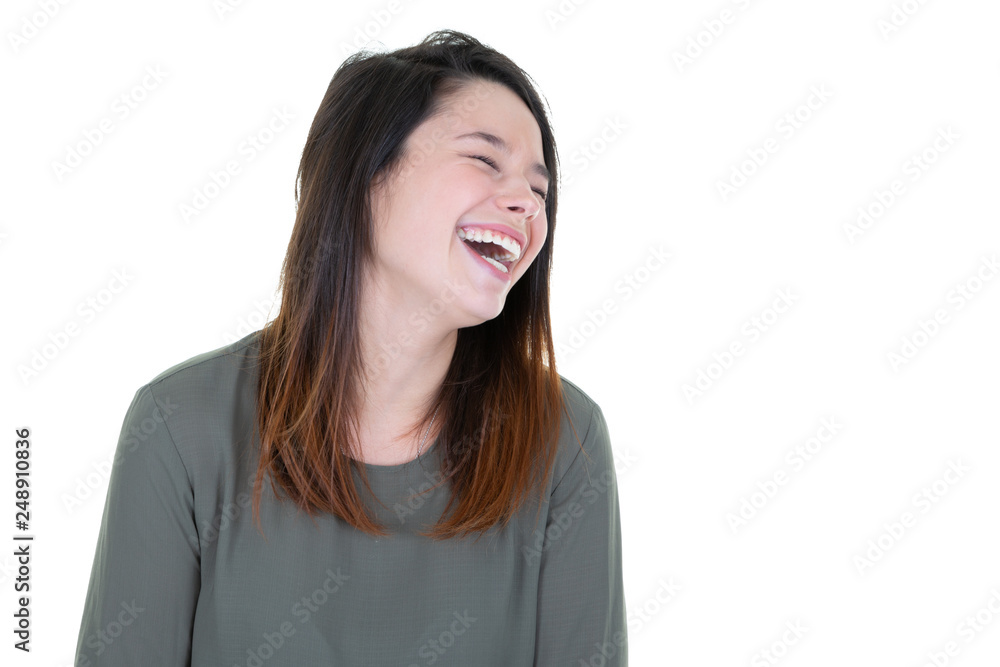 Young cheerful happy girl smiling laughing over white background Young cheerful happy girl smiling laughing over white background