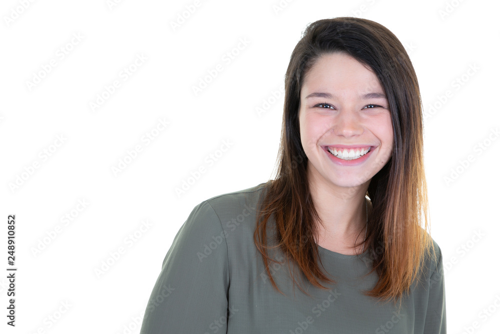 portrait of young happy woman smiling and laughing on white background looking camera portrait of young happy woman smiling and laughing on white background looking camera