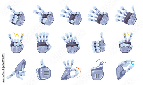 Robot hand gestures. Robotic hands. Mechanical technology machine engineering symbol. Hand gestures set. Futuristic design. Big robot arm. Signs. Vector illustration on the white background.