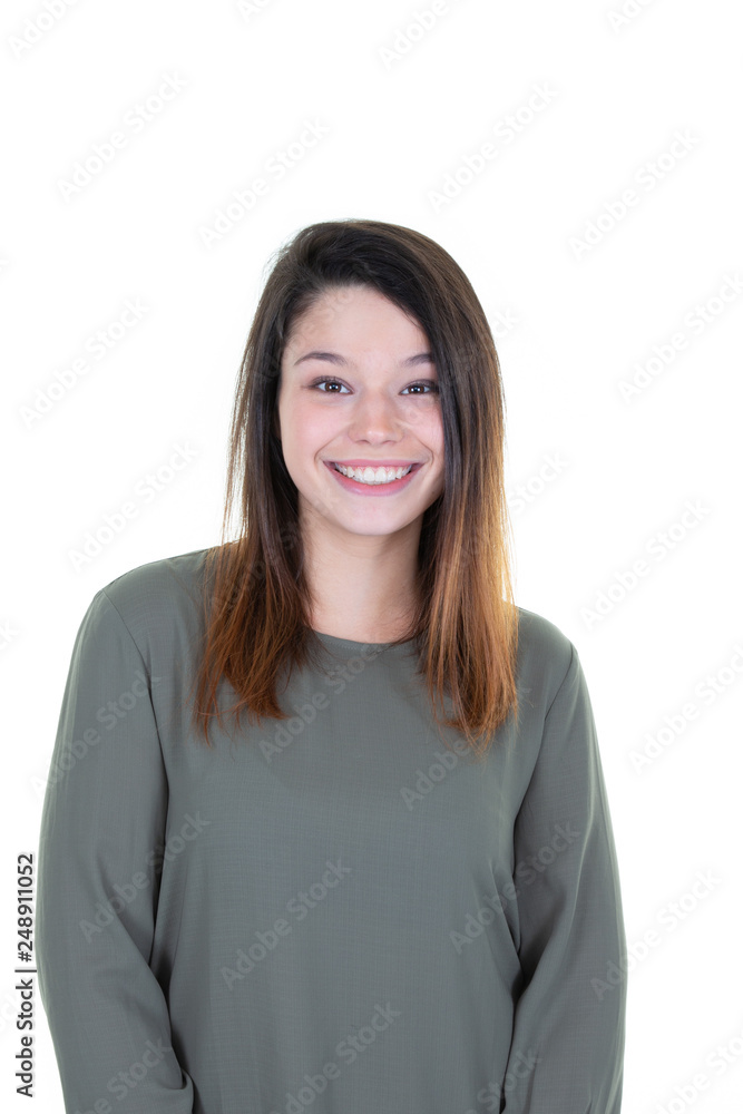 portrait of young smiling woman looking camera portrait of young smiling woman looking camera