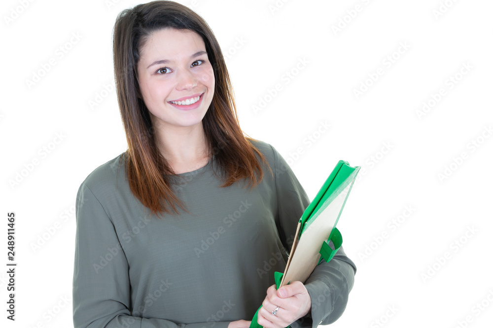Office young business woman with a stack of documents on white isolated background Office young business woman with a stack of documents on white isolated background