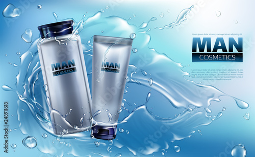 Vector 3d realistic cosmetics for men in water splashing. Ad poster, promo banner with grey jar with lotion, tube with cream.Mockup with label of moisturizer, skincare. Bottle with shaving liquid