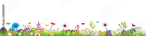 Happy easter image vector. Modern happy Easter background with colorful eggs, bunny, rubbit, and spring flower. Template Easter greeting card, vector.