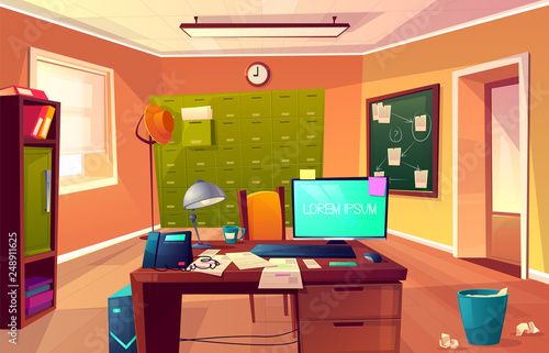 Vector cartoon background of workplace of private detective or policeman. Desk with computer, criminal cases and chair for clients. Interior of police department, cabinet for investigation.
