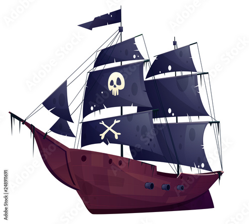 Vector cartoon pirate ship isolated on white background. Wooden boat with black sails, cannons and sailyards. Corvette or frigate with buccaneer flag - skull and bones. Old battleship, barge.