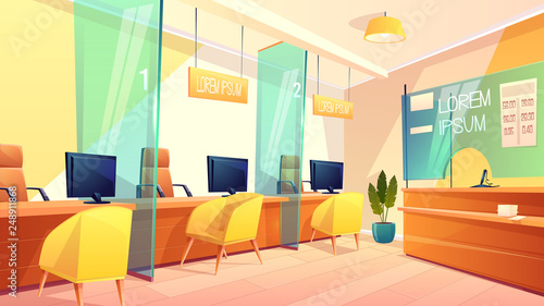 Vector background of bank office, counters for managers and clients. Bright interior of finance place, consulting lobby and showcase with exchange rate. Business concept.