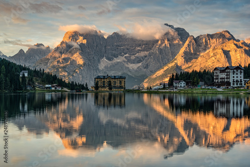 Misurina lake at sunrise, Dolomites, Italy