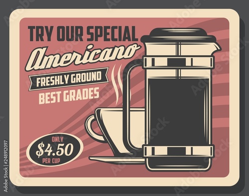 Hot americano, drink in steaming cup, coffee pot