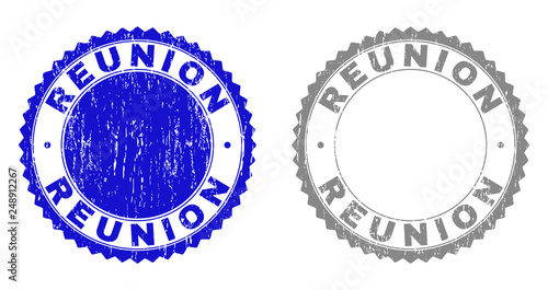 Grunge REUNION stamp seals isolated on a white background. Rosette seals with distress texture in blue and grey colors. Vector rubber stamp imitation of REUNION tag inside round rosette.